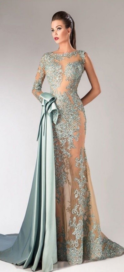 embroidered net fit & flare gown