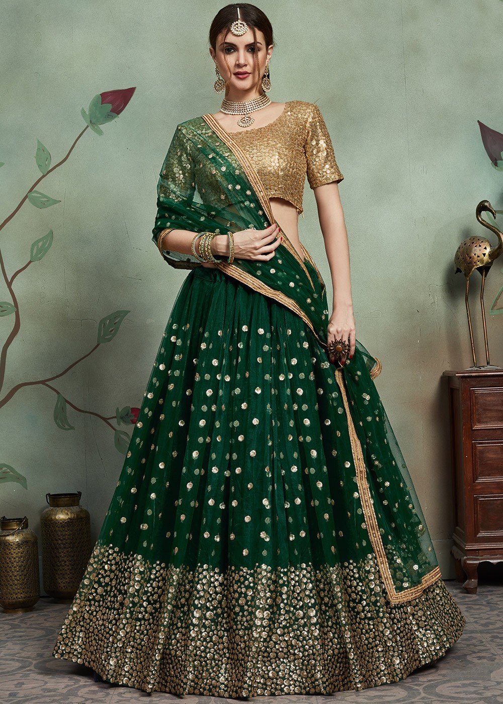 solid blouse with floral flared lehenga